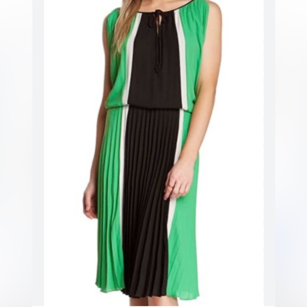 BCBGMaxazria Iona Dress Color-block Shoulder Slits Pleated Midi Medium